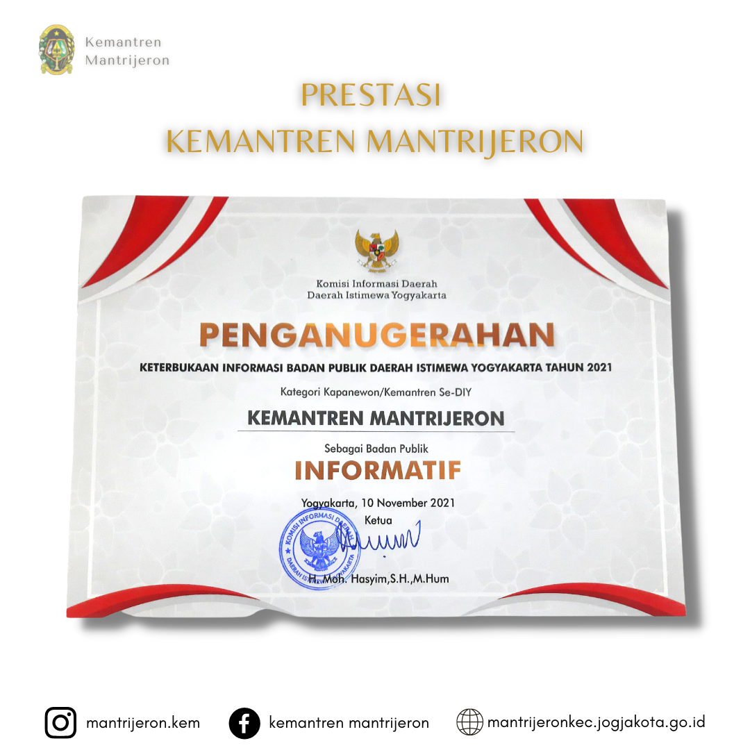 Kemantren Mantrijeron memperoleh 2 Penghargaan dalam Penganugerahan Komisi Informasi Badan Publik Daerah Istimewa Yogyakarta Tahun 2021
